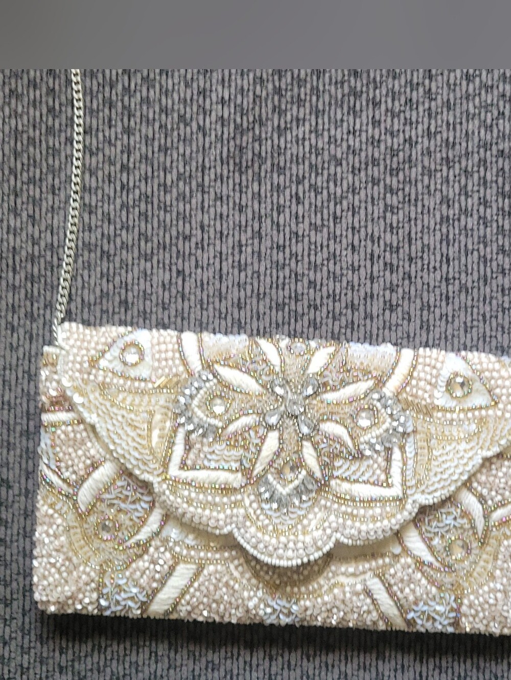 Women's Elegant Cream Color Beaded Rhinestone Clutch Crossbody Handbag Purse